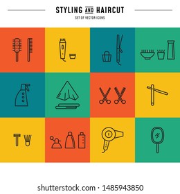 Styling and haircut. Set of vector icons with hair dryer, hairbrush, clipper, scissors, sprayer, razor, hair curler, mirror and shampoo. Hairdresser tools in line style.