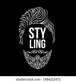 Styling, hairstyle - vector logo emblem on black background. Head of a man: fashionable haircut, hairstyle, well-groomed beard and mustache.