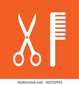 styling scissors comb hair tool white icon on orange background