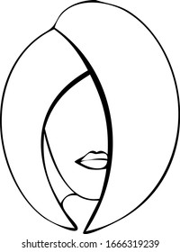 Styling thick straight hair of medium length with long bangs on the side. Fullface. Isolated black and white vector illustration. Option 002(2).