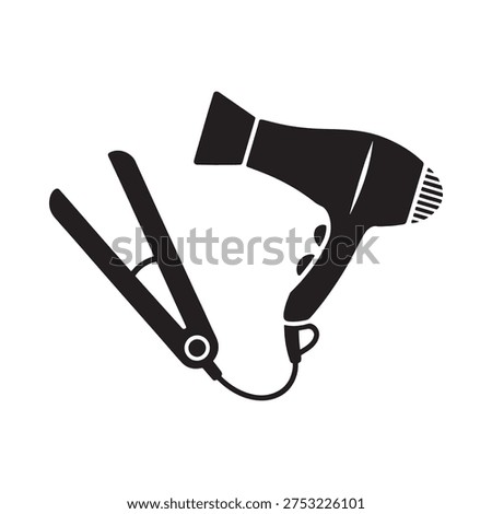 Styling tools a hair dryer and a flat iron depicted in black