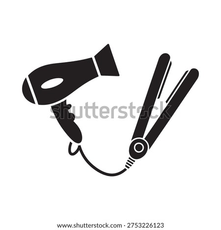 Styling tools a hair dryer and flat iron shown in black silhouette