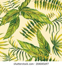 Styling tropical exotic painting floral palm leaf on a light yellow background. Print vintage vector jungle seamless pattern wallpaper