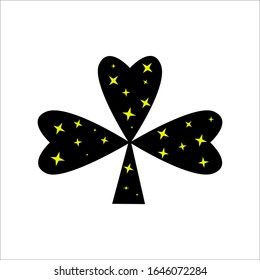 Stylisation of St Patrick symbol - CLOVER, tree leaves, black hearts with yellow stars. Vector