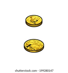 Stylised Australian AUD coins. 1 and 2 dollar coins.