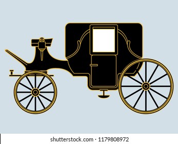 Stylised black and gold vector drawing of vintage horse-drawn royal carriage. Many carriages were Ascot Landaus. The Landaus were used every year for Queen Elizabeth's Royal Meetings at Ascot.