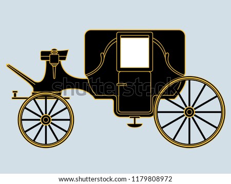 Stylised black and gold vector drawing of vintage horse-drawn royal carriage. Many carriages were Ascot Landaus. The Landaus were used every year for Queen Elizabeth's Royal Meetings at Ascot.