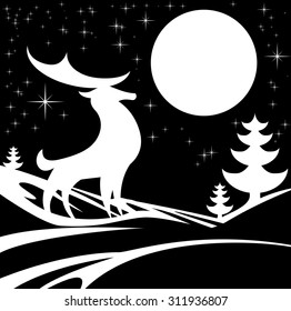 Stylised black and white illustration of winter Christmas scene featuring a stag deer in front of a big full moon in snow with Christmas trees