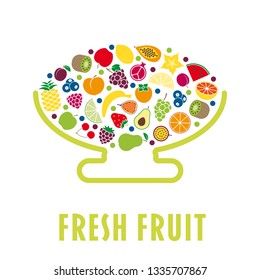 Stylised bowl with a variety of fruit flat vector illustration