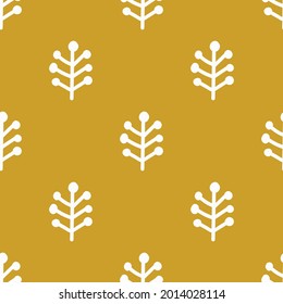 Stylised branches on mustard background. Vector seamless pattern with doodle plants. Floral design. Hand drawn backdrop for textile, wrapping paper, background flat design.