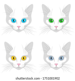 Stylised cat faces with big colored eyes and vibrissae, over white background. Set of four cat faces with eyes different colored