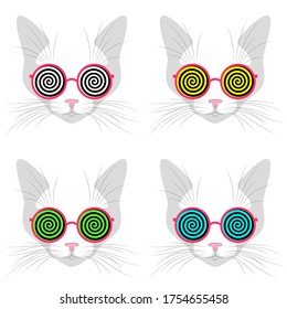 Stylised cat faces with fashionable trendy round sunglasses with colored spiral hypnosis line pattern instead of glasses, isolated over white background