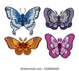 Stylised colorful butterflies isolated on white background. Moth collection. Vector illustration