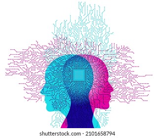 A stylised computer processor and circuit board pattern detail placed overlapping a silhouetted male and female outline side profile placed back-to-back.