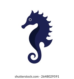 A stylised, dark blue seahorse with a white eye is depicted against a clean white background. Its body curves elegantly, showcasing its distinctive shape and curled tail.
