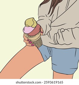 A stylised digital illustration of a girl holding an ice cream cone with three colourful scoops—chocolate, strawberry, and pistachio.