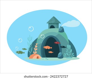 Cueva de dibujos animados estilizados, peces en el mar. Naturaleza y plantas. Mundo submarino y animales. Ilustración aislada de vectores sobre fondo blanco para el diseño.