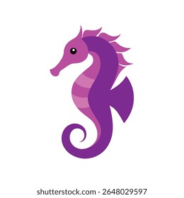 A stylised, flat illustration of a purple seahorse with pink stripes on its neck, set against a clean white background. The seahorse is depicted in profile, showcasing its distinctive curved body and 