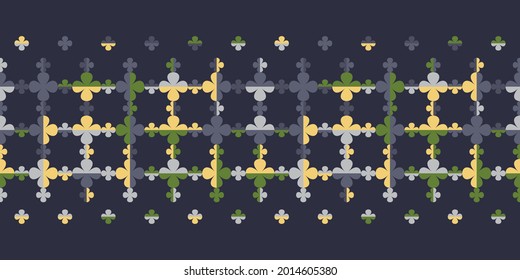 Stylised four leaf clover seamless pattern Border with leaves creating chequered texture. Regularly repeating geometric vector shapes for wallpaper, interior fabrics, prints and stationery. 