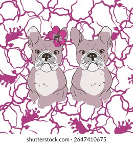 Stylised French bulldogs with expressive faces and a floral twist, set against a bold, abstract purple neural-style background. Trendy, playful, and perfect for pet lovers.