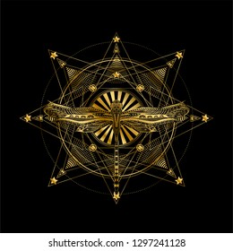 Stylised geraldic with decoration flying dragonfly. Gold isolated illustration on the black background.