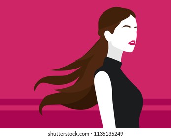 A stylised girl with long hair and pink lips on bright pink background