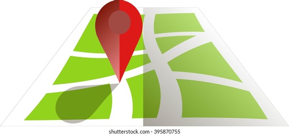 Stylised green map with red GPS dot. Flat design, object on white, design element, vector