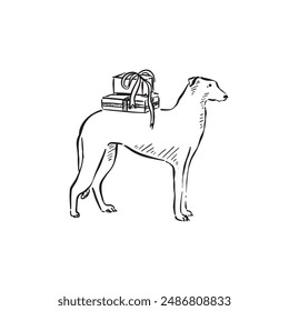 A stylised greyhound with two wrapped presents on its back. A modern black and white vectorised illustration perfect for birthday cards and invites. Drawn by hand.