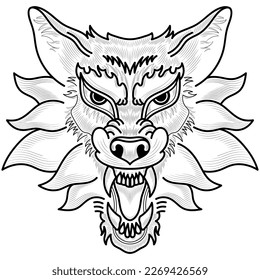 Stylised hand drawn wolf head. Black and white engrave isolated illustration