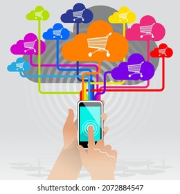 A stylised held Smart Phone wireless linking to various online retail stores. The user is able to navigate between stores effortlessly via the smart phone interface. 