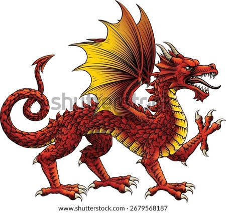 A stylised heraldry coat of arms crest style dragon in passant walking pose in a vintage woodcut style