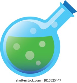 Ilustración estilizada de un vaso de precipitado científico o de un matraz de laboratorio de fondo redondo que se utiliza en la química con una solución líquida verde.