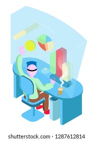 Stylised illustration of a man using virtual reality technology at a desk
