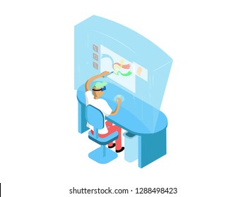Stylised illustration of a man using virtual reality technology at a desk