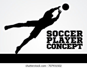 A stylised illustration of a silhouette soccer football player keeper saving a goal diving catching the ball