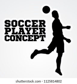 A stylised illustration of a soccer football player in silhouette head passing the ball