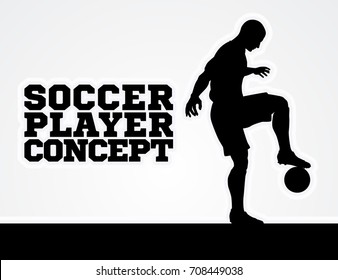 A stylised illustration of a soccer football player in silhouette dribbling the ball