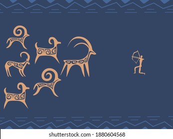 Stylised kazakh petroglyphs of animals, goats and sheeps, and a hunter with pattern