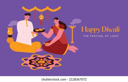 A Stylised Minimal And Quirky Vector Illustration Of An Malaysian Indian Couple Celebrating Diwali - The Festival Of Light.