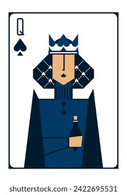 Stylised minimalist image of a playing card with the queen of spades holding a bottle of potion 