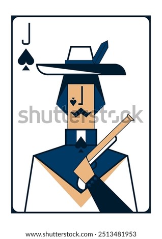 Stylised minimalistic image of a playing card with a jack of spades holding a pistol