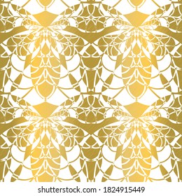 Stylised ornamental golden honey bee pattern. Abstract geometric seamless insect background. Regularly repeating decorative texture.