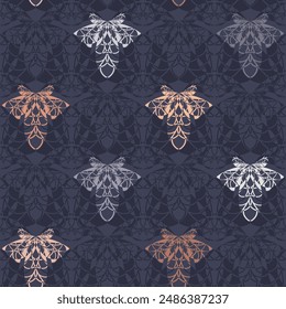 Stylised ornamental seamless vector honey bee pattern in shades of purple and orange. Abstract geometric  insect background with regularly repeating texture for home decor, wallpaper and fashion.