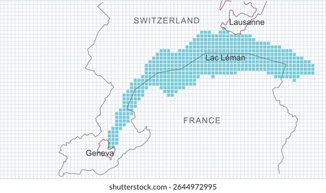 Mapa estilizado pixelated do lago Genebra com quadro de país e mapas da cidade.
