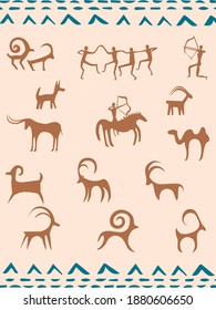 Stylised real kazakh petroglyphs of animals and hunters with pattern