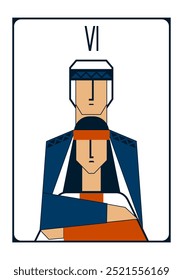 Stylised simple geometric vector image of a tarot card of lovers in the form of two young people in Slavic clothes in navy blue, white and red. 