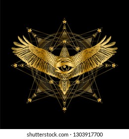 Stylised star with flying eagle. To be use for print t shirt.