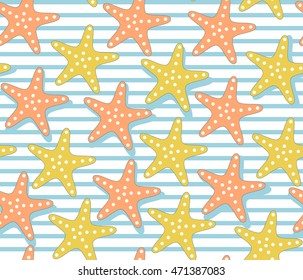 Stylised starfish pattern, simple flat style. Underwater life and ocean beach themed vector seamless background, sea stars. Marine style surface design. Blue, white, yellow, orange palette