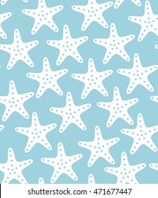 Stylised starfish pattern, simple flat style. Underwater life and ocean beach themed vector seamless background, sea stars. Marine style surface design. Blue and white palette