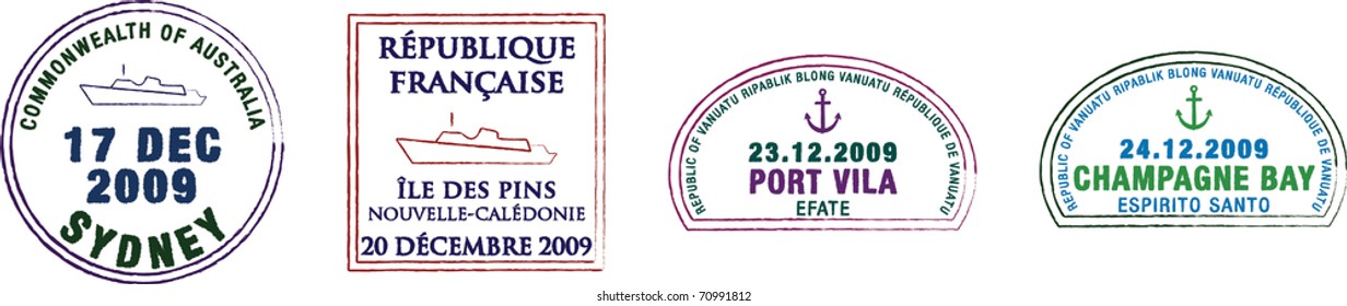 Stylised Sydney, Vanuatu And New Caledonia Passport Stamps